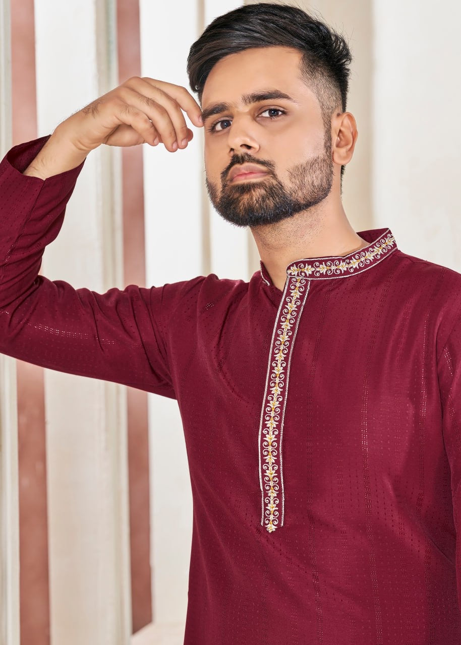 Maroon Viscose Weaving Stripe With Embroidery Work & Stylish Pettern With Pocket & Exclusive Button Kurta For Men
