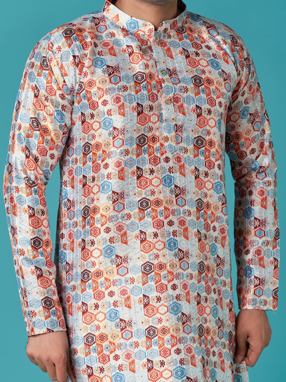 Trendy Printed Sequins Kurta Pyjama For Men