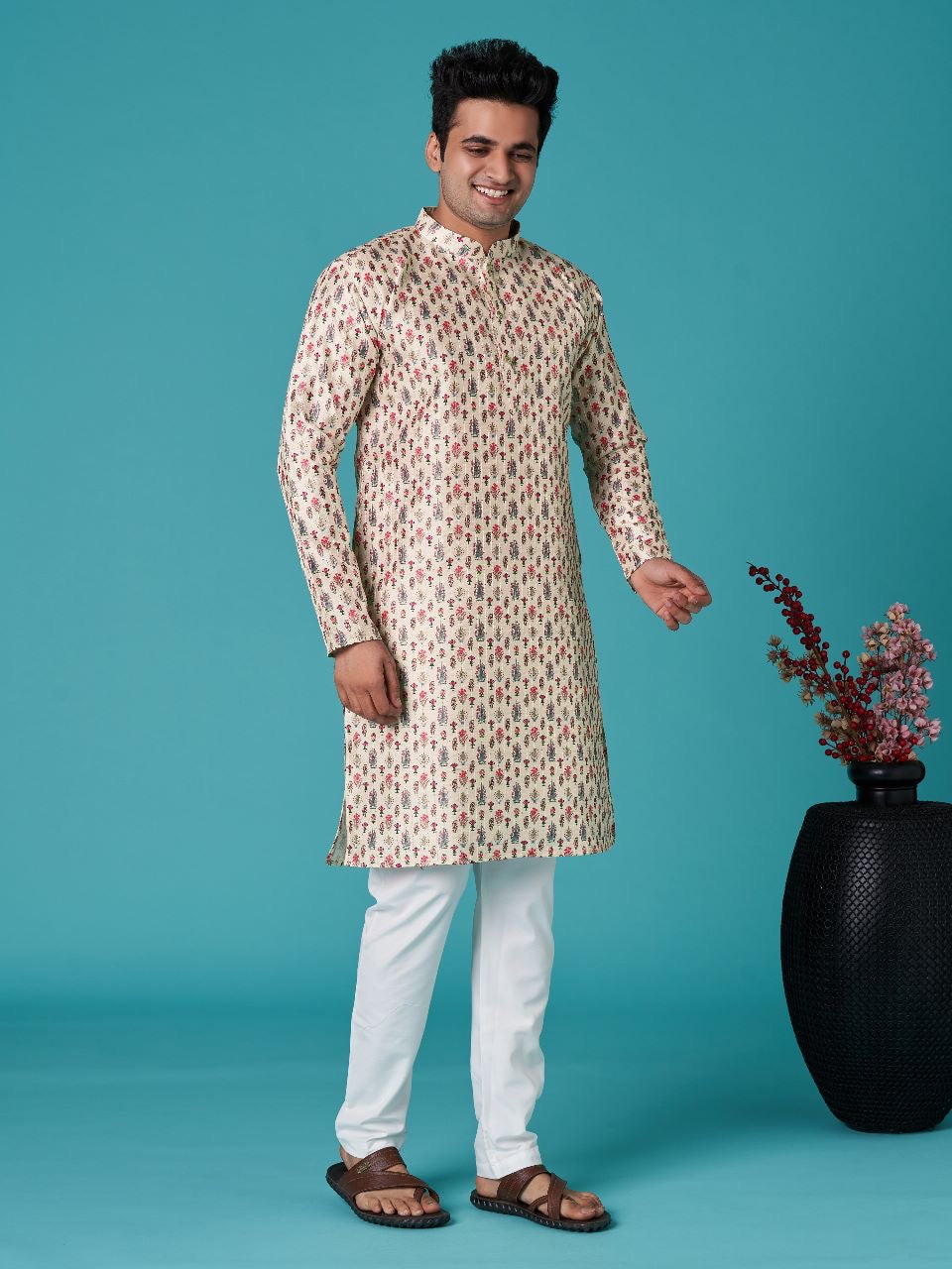 Trendy Printed Sequins Kurta Pyjama For Men