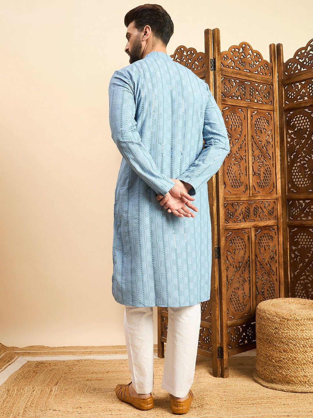 Sky Color Reyon with Embroidery and Sequence Work Kurta For Men