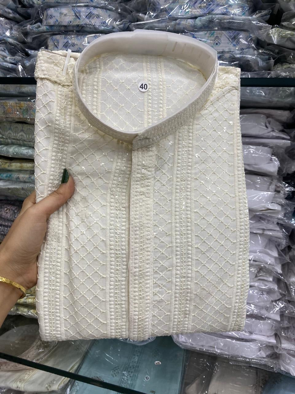 Reyon Sequence Lucknowi Work Kurta For Men