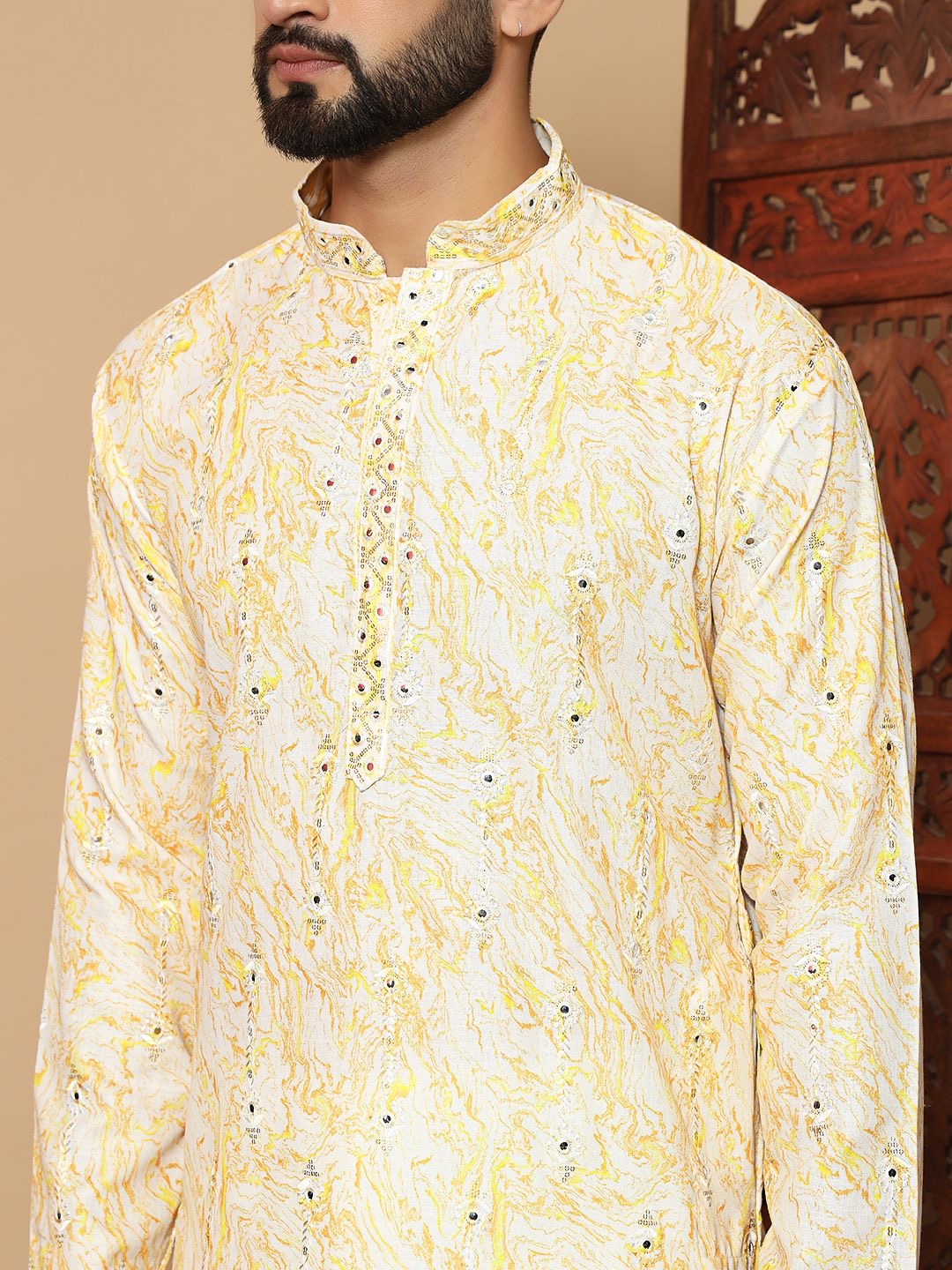 Yellow Linen Cotton Printed With Embroidery Work Kurta For Men