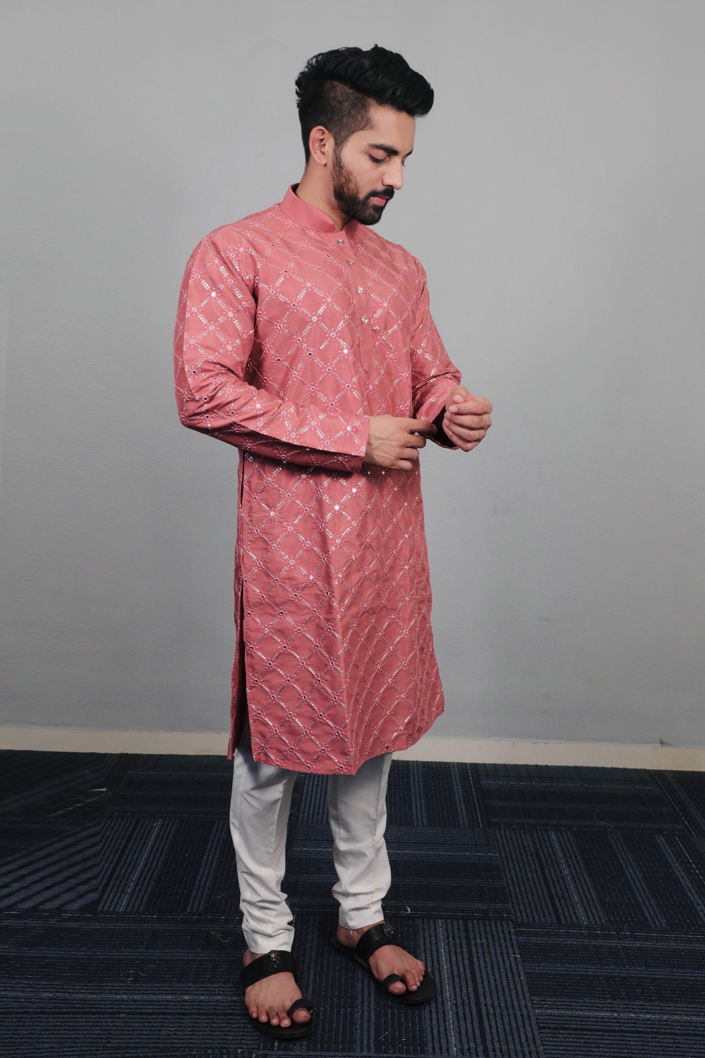 Sequins Mirror Embroidery Work Kurta Pajama for Men