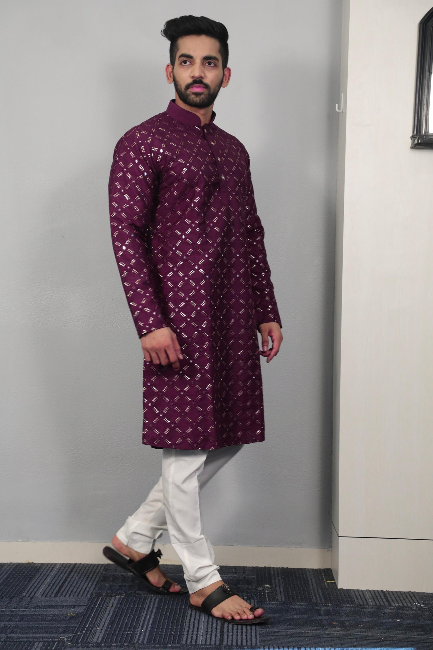 Sequins Mirror Embroidery Work Kurta Pajama for Men