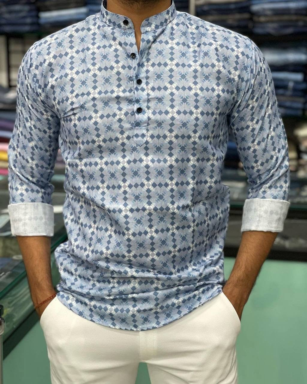 Grey Blue Printed Short Kurta for men