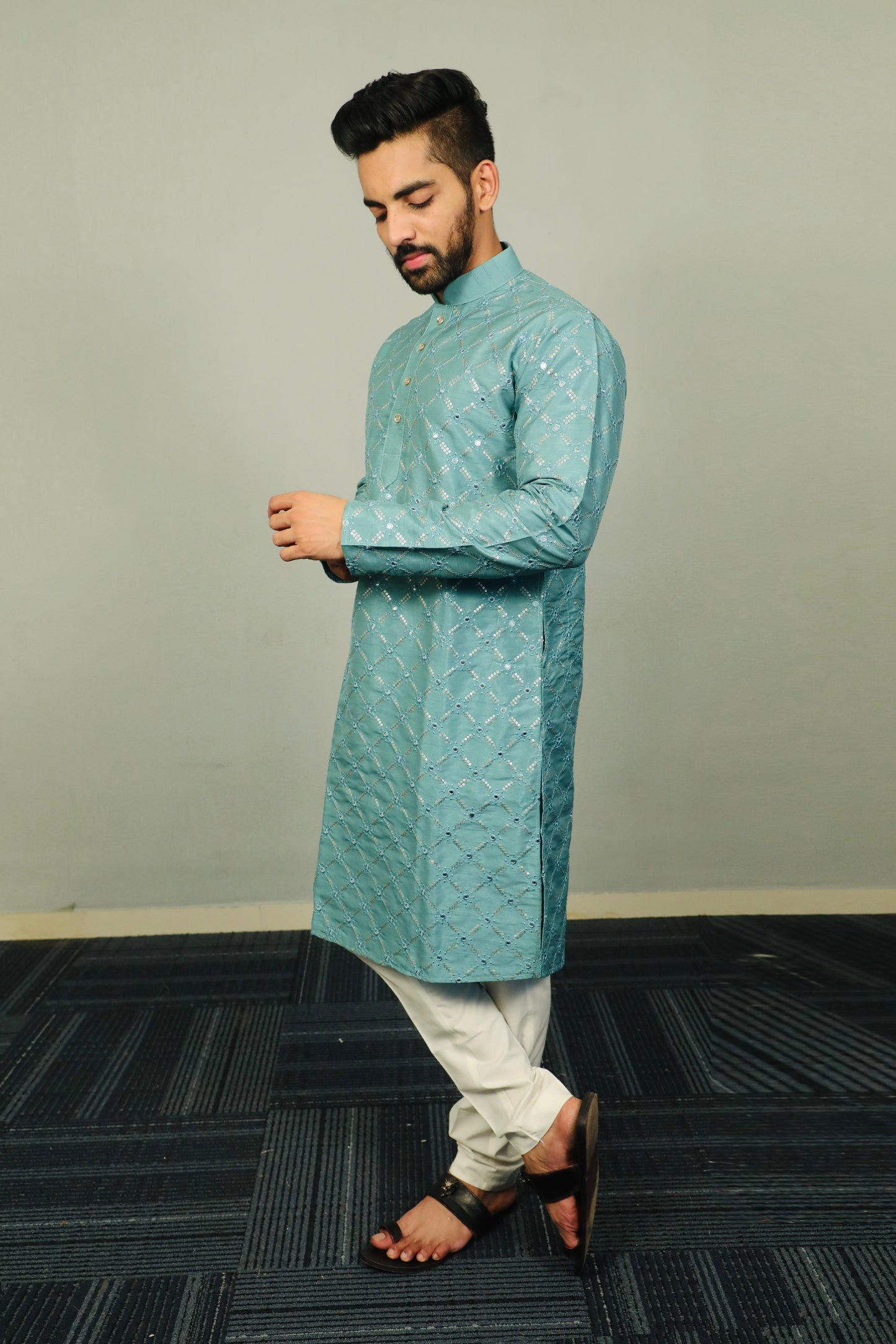 Sequins Mirror Embroidery Work Kurta Pajama for Men