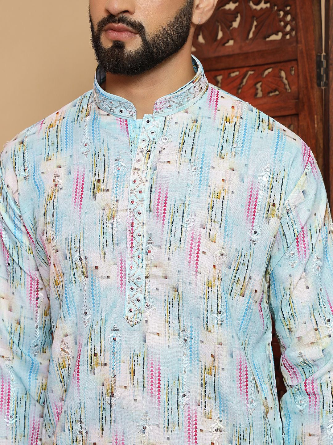 Linen Cotton Printed With Embroidery Work Kurta For Men
