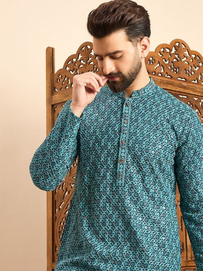 Torquoise Blue Color Reyon with Embroidery and Sequence Work Kurta For Men