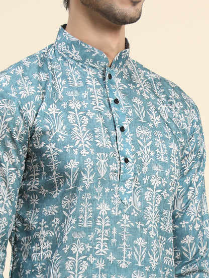 Rama blue Digital Printed Kurta Pajama for Men