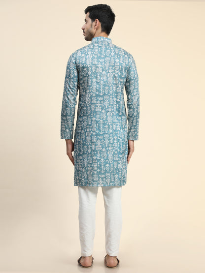 Rama blue Digital Printed Kurta Pajama for Men