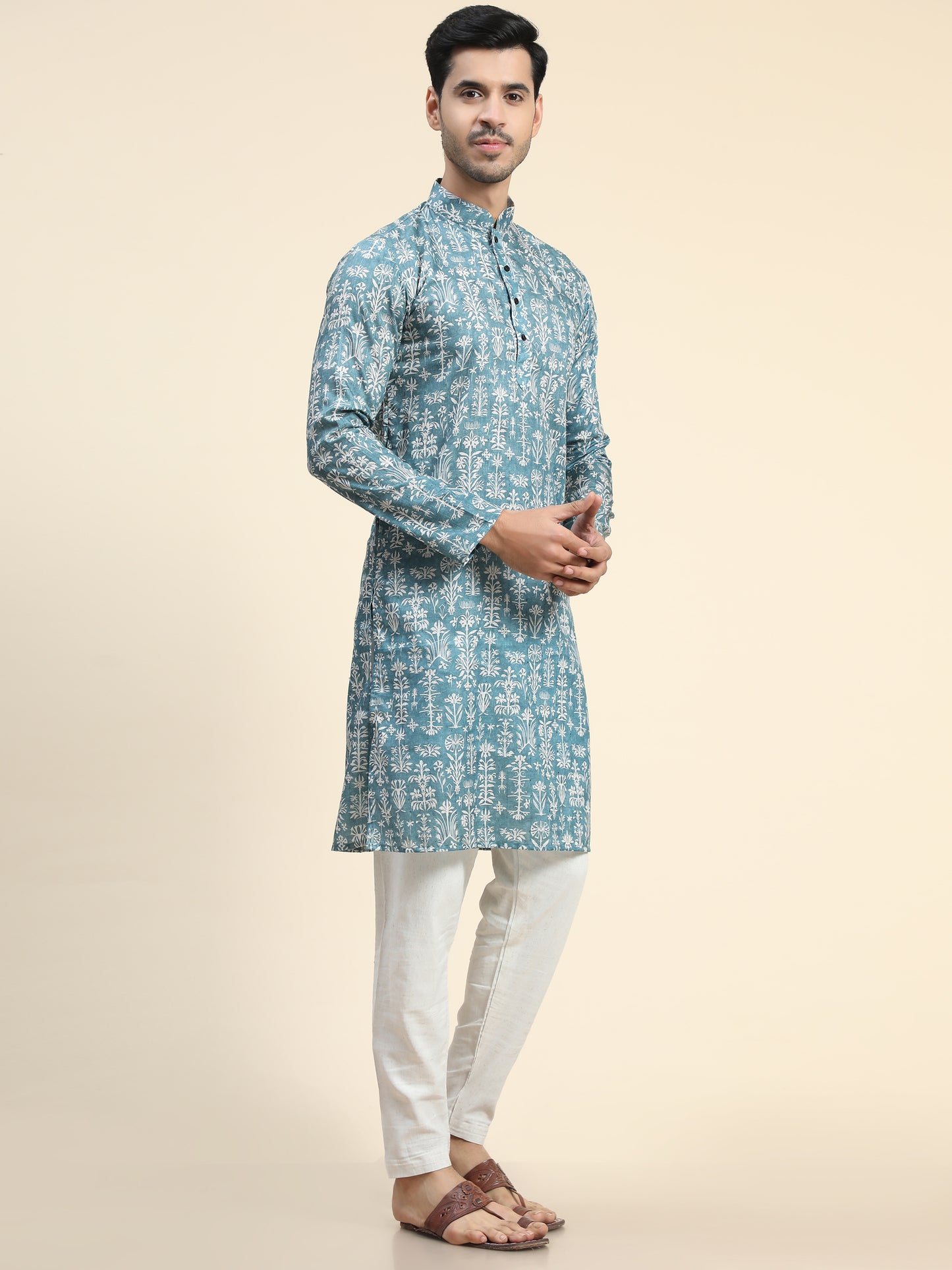 Rama blue Digital Printed Kurta Pajama for Men