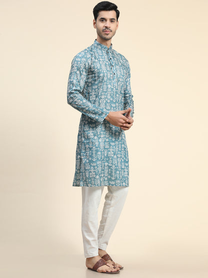 Rama blue Digital Printed Kurta Pajama for Men