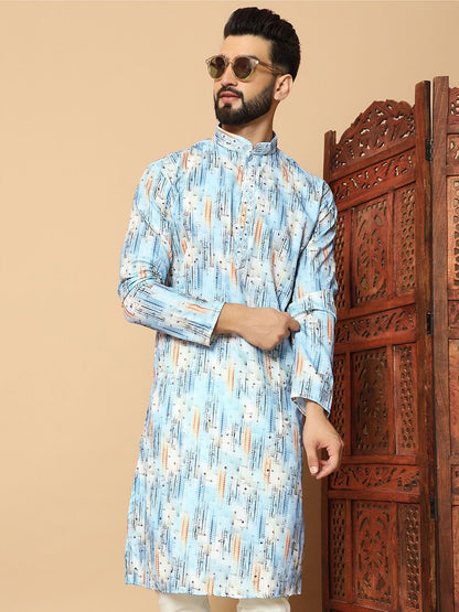 Linen Cotton Printed With Embroidery Work Kurta For Men