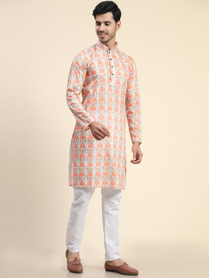 Orange peach Digital Printed Kurta pajama for Men