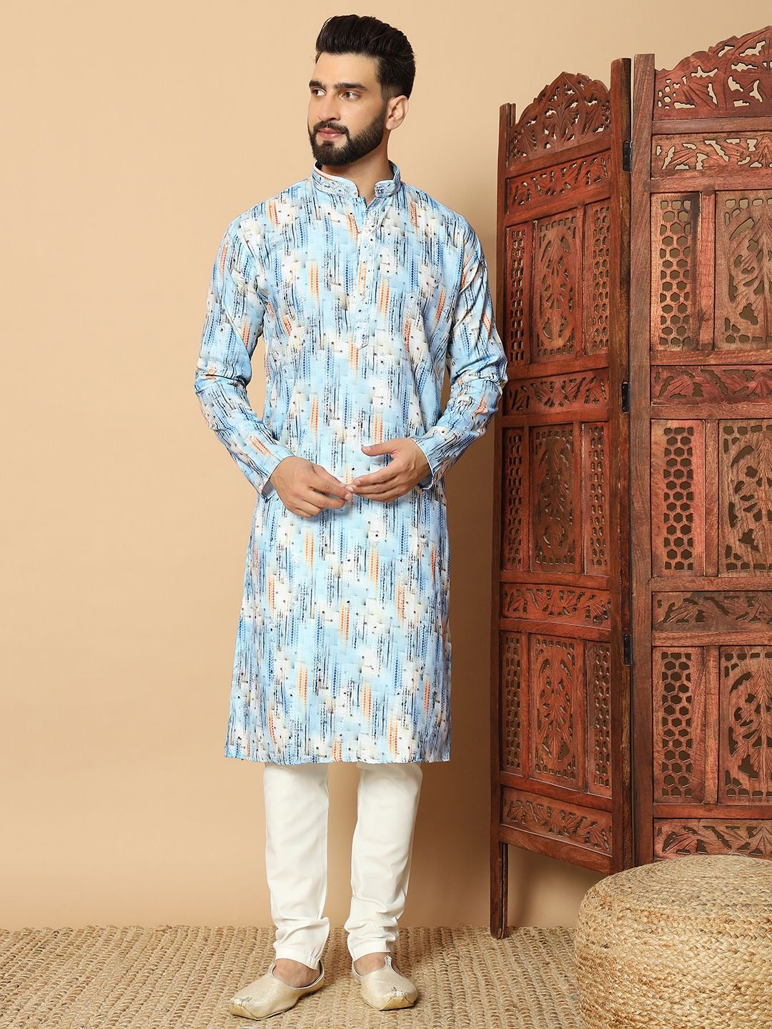 Linen Cotton Printed With Embroidery Work Kurta For Men