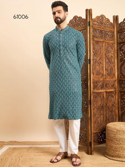 Torquoise Blue Color Reyon with Embroidery and Sequence Work Kurta For Men